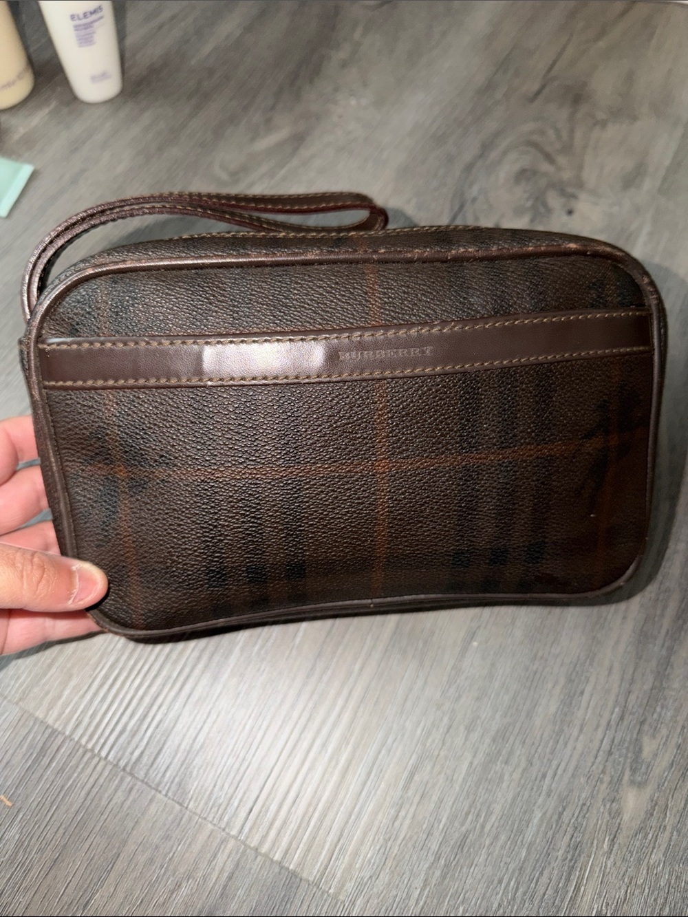 Burberry Dark Brown Plaid Leather Toiletry Pouch with Wrist Strap